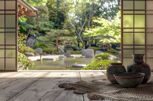 japanese pottery with a zen garden in the background