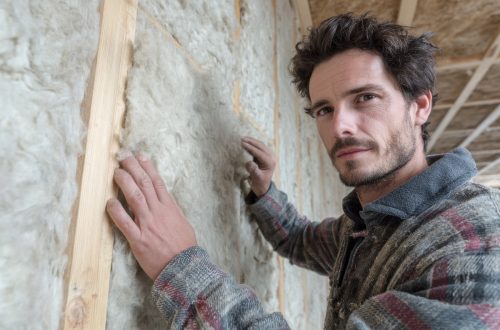 man soundproofing a wall